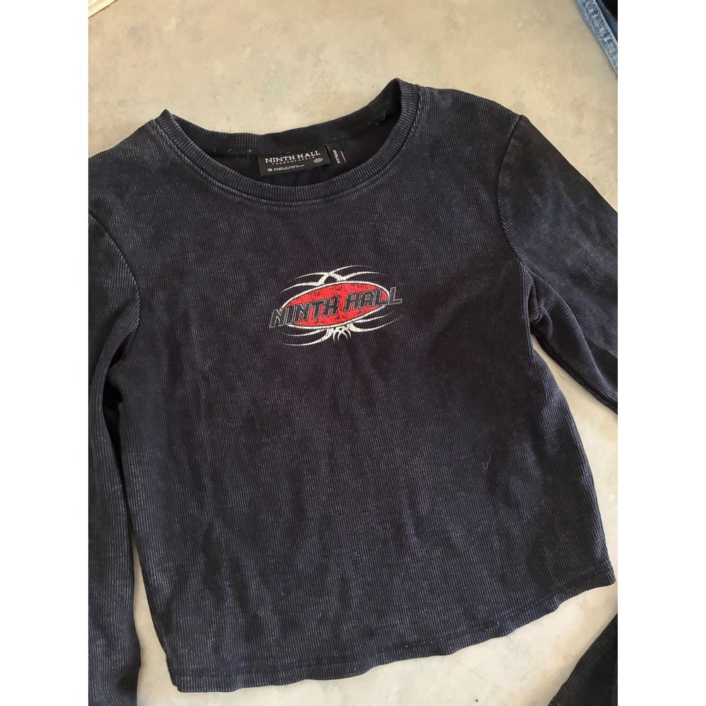 Ninth Hall Fundamentals Womens Ribbed Long Sleeve Fitted Crop Top Black Small